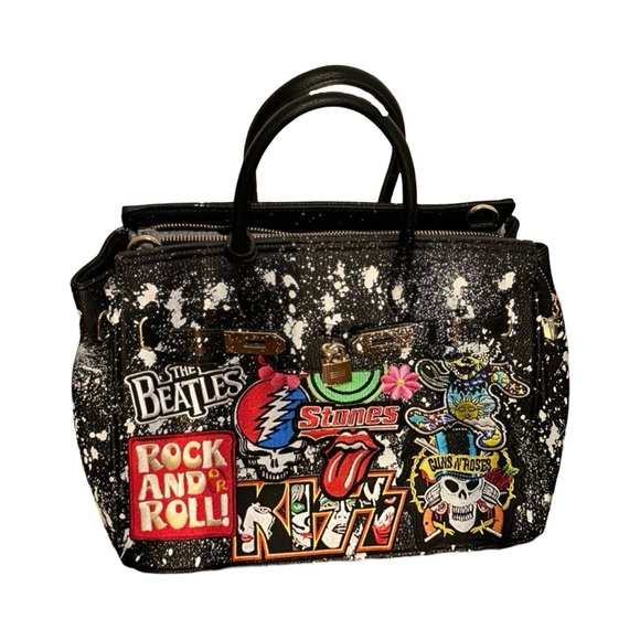 Black Splatter Vegan Leather Handbag w/ Rock N’ Roll Patches - Picture 2 of 11